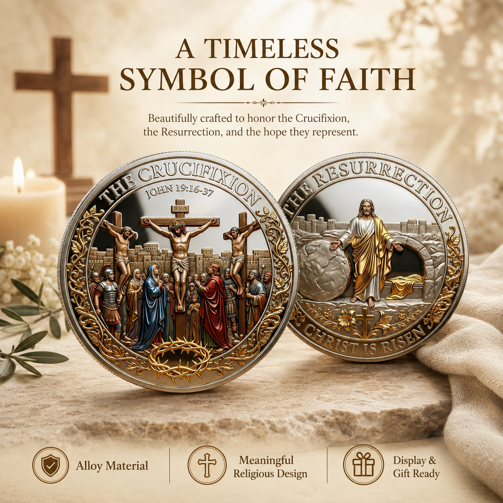 ✝️ Cross & Resurrection Memorial Coin – Alloy Relief Keepsake for Faith and Remembrance
