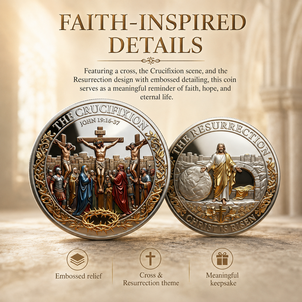 ✝️ Cross & Resurrection Memorial Coin – Alloy Relief Keepsake for Faith and Remembrance