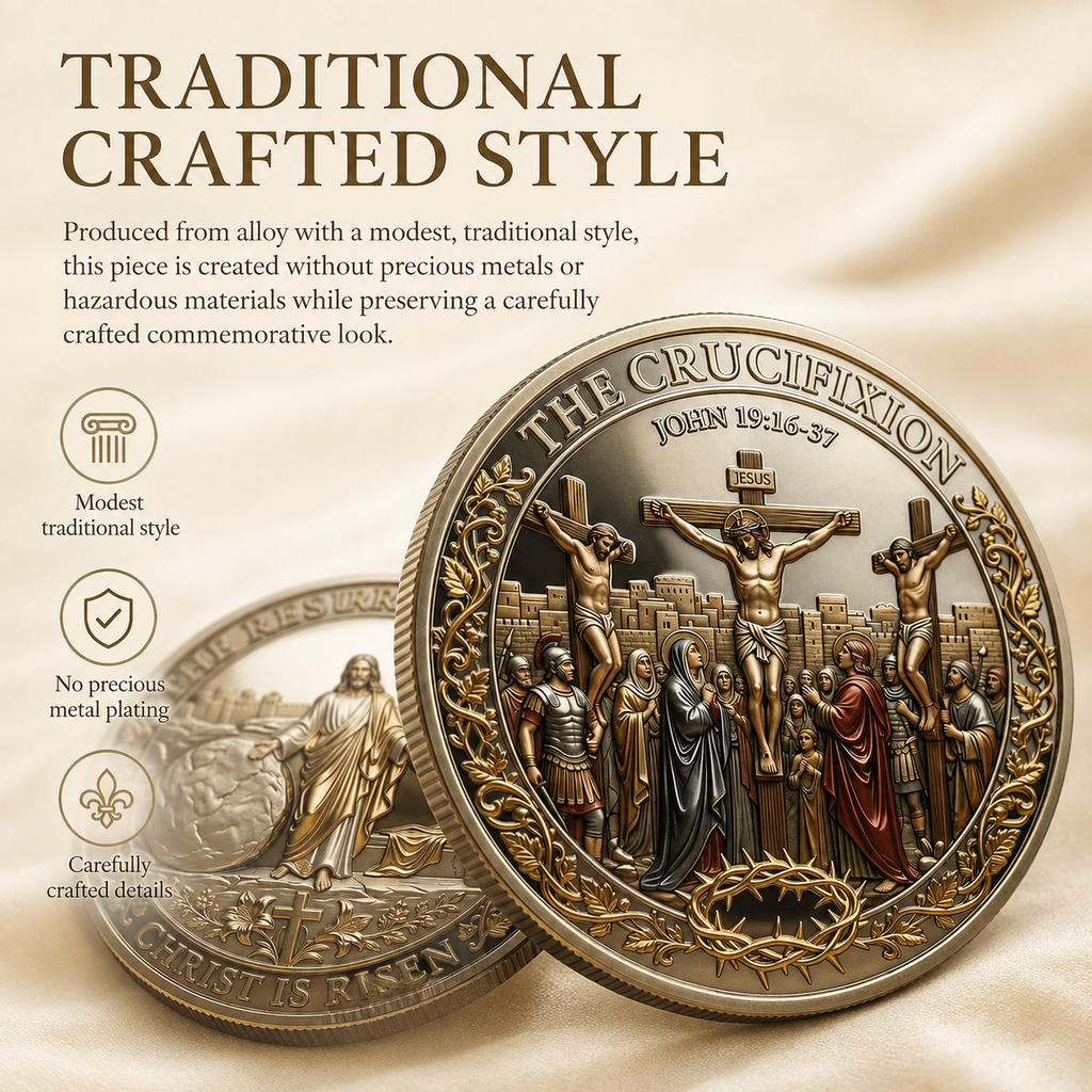 ✝️ Cross & Resurrection Memorial Coin – Alloy Relief Keepsake for Faith and Remembrance