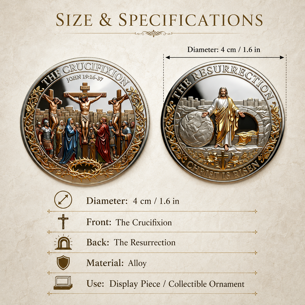 ✝️ Cross & Resurrection Memorial Coin – Alloy Relief Keepsake for Faith and Remembrance