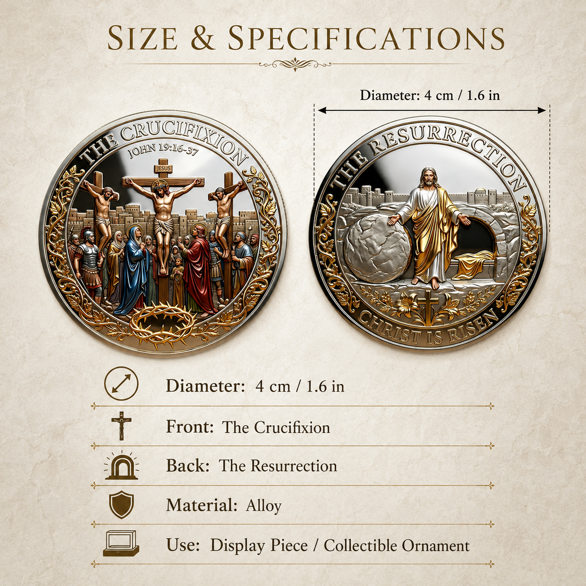 ✝️ Cross & Resurrection Memorial Coin – Alloy Relief Keepsake for Faith and Remembrance