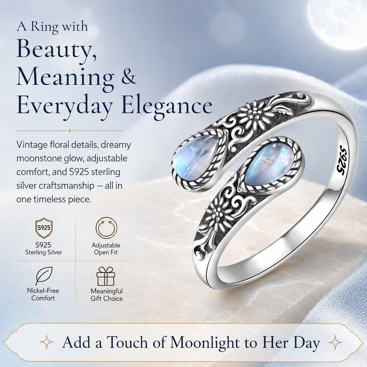 Moonstone Bloom Ring | Vintage Floral • Adjustable Open Band