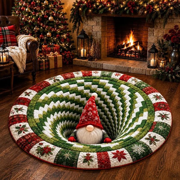 🎄3D Christmas Gnome Optical Illusion Round Rug | Fun Festive Home Decor Must‑Have⭐🏠🎁