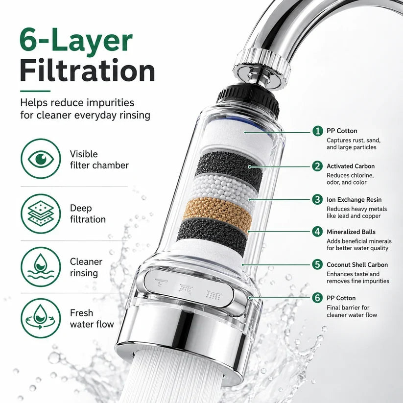 360° Rotating Faucet Filter Aerator – Splash-Free Water Saver with Multi-Layer Filtration & 6 Replacement Filters